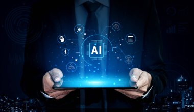 Artificial Intelligence AI as a core technology. A concept of an AI ecosystem powering data analysis, machine learning, and global networks. Motif