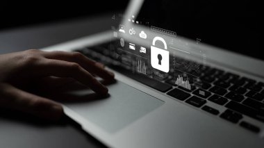 Çevrimiçi erişim için dijital siber güvenlik şifreleme, siber şifre koruması, parmak izi kimliği, bulut depolama güvenliği ve siber güvenlik sistemi