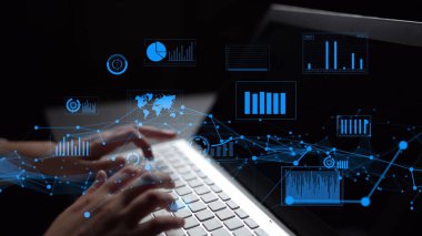This image showcases a person typing on a laptop with an abstract overlay of digital analytics visualizations, emphasizing modern data trends and technology-driven insights. Xenic