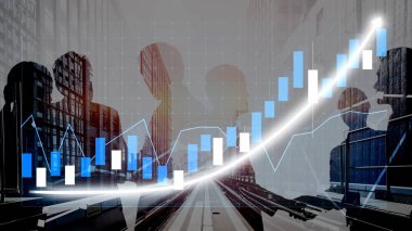 A dynamic scene showing a business team working together with a glowing stock market graph, illustrating growth trends and financial strategies in a modern urban setting. Copula