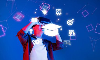 Genç bir öğrenci, çevrimiçi öğrenmeye çağdaş bir yaklaşımı somutlaştıran yaratıcı eğitici grafikler ve sembollerle çevrili sanal gerçeklik teknolojisiyle uğraşıyor. XDMCP