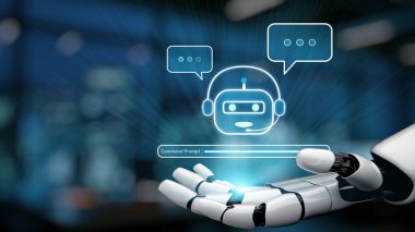 Modern bir robot el, teknoloji ve kullanıcı etkileşimleri içindeki yapay zeka ve iletişimdeki gelişmeleri sembolize eden dijital bir sohbet robotu ikonu sunar. Sinaps