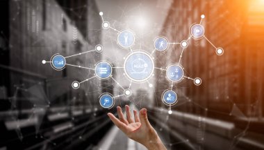 A hand reaching towards a digital interface displaying various business icons, symbolizing the intersection of technology, innovation, and urban life in a modern city. Tessel