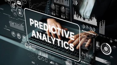 Hands Typing on Laptop with Overlayed Digital Graphics Representing Predictive Analytics and Data Visualization Concepts. Asymptotic smart data analytic.