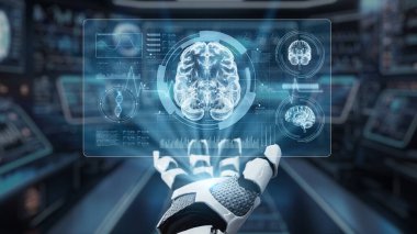 Beyin hologramı yüzerken bir avuç içi açık robot eli kapat. Robot el, teşhis koymak için tıbbi verilere erişip bağlantı kurarken beyin hologramını sunuyor. Sağlıklı..