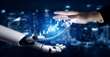 A striking image depicting a robotic hand reaching out to a human hand against a digital backdrop, symbolizing collaboration in finance and technology. Impute