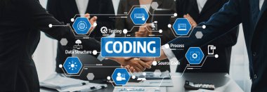 A dynamic scene of professionals collaborating on a coding project, showcasing hands joining together with tech icons representing key concepts like data structure and testing. Amity