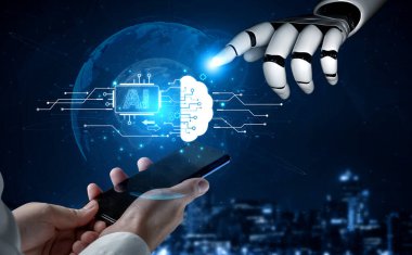 An advanced AI assistant visualizes its machine learning process. This generative technology shows its core processor connecting to a cloud brain and global neural network. Fermion