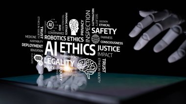 This image showcases robotic hands interacting with words related to ethics and technology, emphasizing the importance of ethical considerations in the digital age. Tessel
