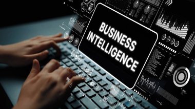 Business Intelligence Concept with Hands on Keyboard and Data Visualization Elements in Background. Asymptotic smart data analytic.