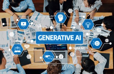 A diverse team engages in a collaborative workspace focused on generative AI, surrounded by charts and technology visuals, illustrating innovation and creativity. Amity