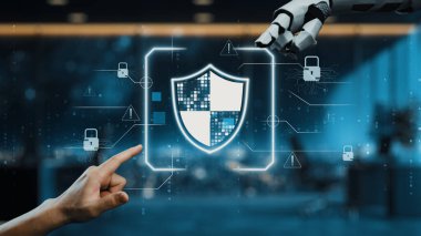 Modern ofis ortamında gelişmiş teknolojiyi temsil eden, robot bir kol ile birlikte siber güvenliği sembolize eden dijital bir kalkanı gösteren kavramsal bir resim. Auvana