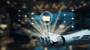 Fütürist bir robot el, teknoloji ve otomasyondaki yeniliği sembolize eden yüksek teknoloji ortasındaki bir depolama sembolünü vurgulayan sanal bir veri arayüzü sunar. Auvana