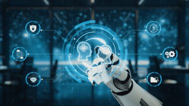 Teknoloji ve yapay zekanın modern bir çalışma alanında birleştirilmesini sembolize eden, robotik bir elin gelecekteki arayüzle etkileşiminin ayrıntılı dijital bir yansıması. Auvana