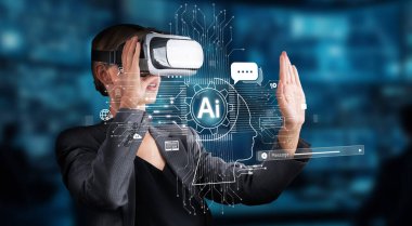 A business professional uses virtual reality technology to interact with an advanced AI chatbot, highlighting the integration of automation and machine learning in professional environments. XDMCP