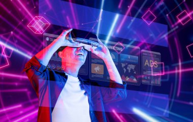 A person engages enthusiastically with innovative technology for digital marketing, exploring modern social media strategies through immersive visual experiences. XDMCP