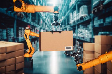 Yenilikçi depo ve fabrika dijital teknolojisi için akıllı robot kol sistemi. İnternet ağına bağlı IOT yazılımı kullanarak endüstri mühendisliği tarafından kontrol edilen otomasyon üretim robotu .