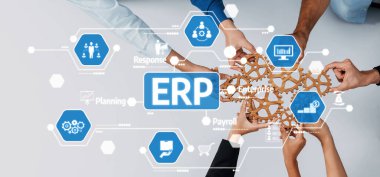 This image showcases diverse hands collaborating over a wooden pattern, symbolizing teamwork in enterprise resource planning, emphasizing efficiency and interactive business processes. Amity