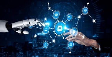 A robotic hand and a human hand are reaching towards each other, symbolizing the collaboration between technology and human innovation in the realm of artificial intelligence. Tessel