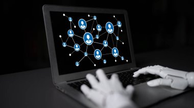 A stunning depiction of a robotic hand engaging with a digital interface showcasing human figures interconnected by nodes, highlighting technology and future innovation. Tessel