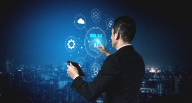 The Web 3.0 technology ecosystem, the next generation of the internet. A concept of a decentralized web with AI, blockchain, NFT, and cryptocurrency. Motif