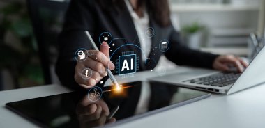 Artificial Intelligence AI as a core technology. A concept of an AI ecosystem powering data analysis, machine learning, and global networks. Motif