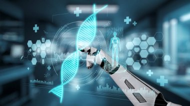 Bulanık laboratuvar arka planına sahip DNA hologramına robotik el gösterimi ve dokunuşlarını kapat. Tıbbi verilere erişmek ve onları teşhis semptomlarına bağlamak için robot el DNA ikonuna tıklıyor. Sağlıklı..