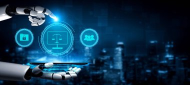 AI for data privacy protection and cyber law regulation. A concept of digital justice, user rights, and security policy with AI information protection. Motif