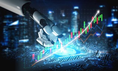 A futuristic robotic hand engages with dynamic data visualizations, illustrating stock market trends and financial metrics in a high-tech digital workspace. Impute