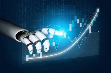 A futuristic robotic hand interacts with digital financial graphs, representing technology role in the evolution of trading and analysis in business environments. Impute