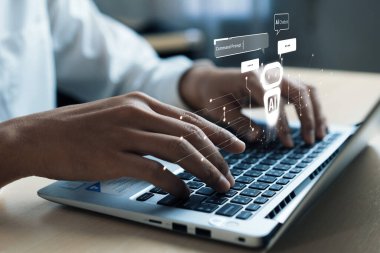 Yapay zeka sanal asistanı Chatbot ile yapay zeka konsepti ile insan etkileşimi, yapay zeka mühendisliği, LLM yapay zeka derin öğrenimi iş desteği için üretken yapay zeka kullanımı. FaaS