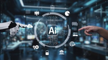 This image showcases a human hand reaching towards a robotic hand, symbolizing the collaboration between humans and artificial intelligence within a digital landscape. Auvana