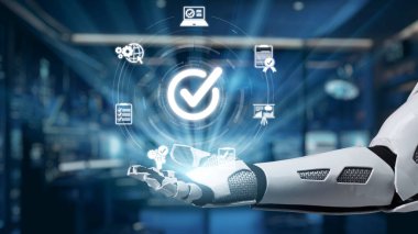 A sleek robotic hand showcases glowing digital icons representing technology and connectivity, set against a modern, high-tech backdrop symbolizing innovation and automation. Auvana