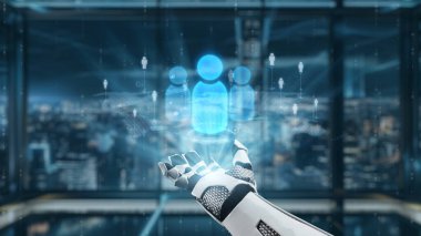 A sleek robotic hand reaches out, interacting with floating holographic icons of people against a vibrant city background, symbolizing the fusion of technology and human interaction. Auvana