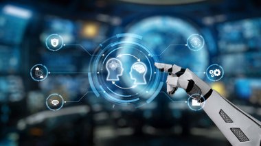 A robotic hand points at a digital interface displaying concepts of artificial intelligence and human brain connections, illustrating the future of technology and innovation. Auvana