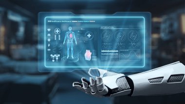 İnsan anatomisini gösteren ve bulanık laboratuvar geçmişine sahip robot el işaretlerini kapat. Robot el, tıbbi verileri teşhis semptomlarına bağlamak için x ray gösterge paneline tıklıyor. Sağlıklı..