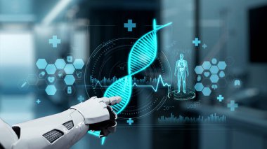 Bulanık laboratuvar arka planına sahip DNA hologramına robotik el gösterimi ve dokunuşlarını kapat. Tıbbi verilere erişmek ve onları teşhis semptomlarına bağlamak için robot el DNA ikonuna tıklıyor. Sağlıklı..