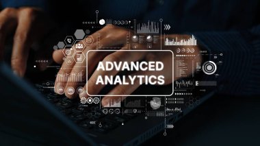 Hands Typing on a Laptop with Advanced Analytics Overlay for Data Analysis and Business Insights. Asymptotic smart data analytic.