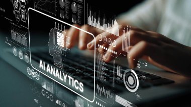 Hands Typing on Laptop with Artificial Intelligence Analytics Graphics Displayed on Screen for Business Insights. Asymptotic smart data analytic.