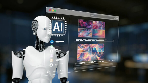 A futuristic robot engages with a sophisticated AI interface, displaying vibrant abstract images on a computer screen, embodying technology and creativity in a modern workspace. Synapse