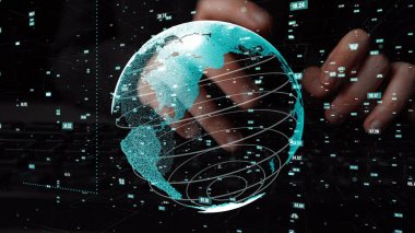 A futuristic digital representation of the globe surrounded by data visualizations and glowing lines, illustrating global connectivity and advanced technology in action. Xenic