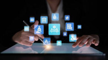 Loan icons represent debt, repayment, and financial planning. Loan supports banking, loan connects credit with payment systems, and loan helps manage interest effectively. Entice