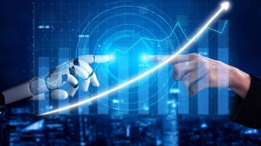 A captivating image showcasing the interaction between a human hand and a robotic hand, symbolizing the fusion of technology and business analytics for growth and innovation. Copula