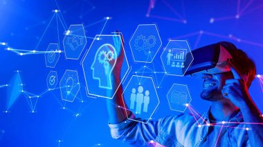 A joyful user wearing a virtual reality headset interacts with innovative visuals, illustrating technology and learning concepts in a modern digital environment. Raster