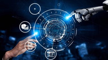 Endüstri, otomasyon, akıllı fabrika ve veri analizi, izleme, robotbilim ve sistem optimizasyonunu gösteren öngörülebilir bakım simgeleri. Huni