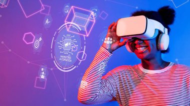 A joyful young woman engages with a virtual reality headset, surrounded by vibrant digital graphics that symbolize technological advancement and lively interaction. Raster