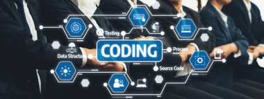 A group of business professionals engaged in software development, surrounded by coding visuals and icons, symbolizing teamwork and innovation in a modern office environment. Amity