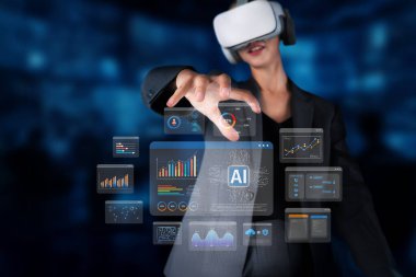 A professional woman utilizes virtual reality technology to interact with AI data analytics and visual insights, enhancing her decision-making capabilities in business environments. XDMCP