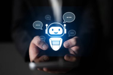 Yapay zeka sanal asistanı kullanıcılarla yapay zeka konuşma baloncukları aracılığıyla iletişim kuruyor, yapay zeka otomasyonunu, akıllı iletişimi ve yapay zeka desteğini simgeliyor.