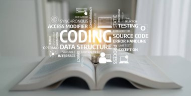 This artistic image showcases a blend of coding terminology with an open book, symbolizing education and learning in the field of technology and programming. Tessel